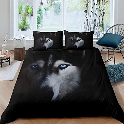 Bettwäsche 140x200 Schwarzer Husky-Erwachsener, Weich Mikrofaser Bettbezug Set Für Jungen Mädchen Einzelbett, Wendemotiv Bettbezüge mit Reißverschluss und 2 Kissenbezug 80x80 cm von Sutmorly