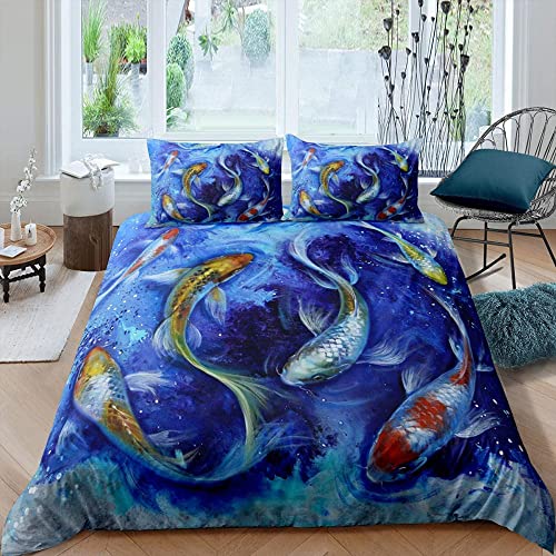 Sutmorly Bettwäsche 135x200 Blaue Koi Erwachsene, Mikrofaser Bettbezug für Kinder Einzelbett - Bettbezüge mit Reißverschluss + 2 Kissenbezug 80x80 cm von Sutmorly