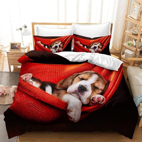 Sutmorly Bettwäsche 135x200 Roter Beagle, Mikrofaser Bettbezug für Kinder Einzelbett - Bettbezüge mit Reißverschluss + 2 Kissenbezug 80x80 cm von Sutmorly