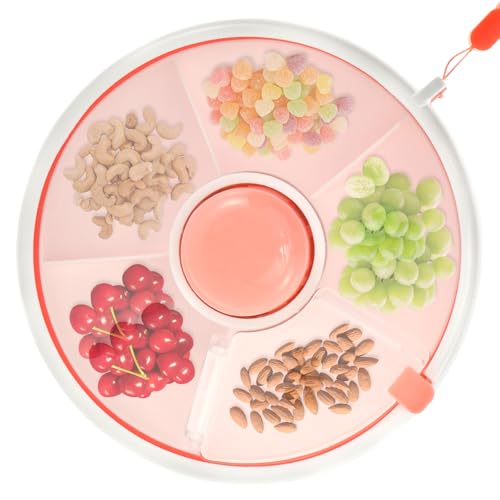 Kinder-Snack-Spinner für Kleinkinder, mit Handschlaufe, 18 cm, 5 Fächer, tragbares Snack-Serviertablett, geteilt, für Picknick, Reisen, Süßigkeitennüsse (Rosa) von Sutowe