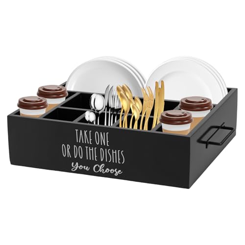 Sutowe Utensilienhalter-Organizer die Küchenarbeitsplatte Aufbewahrungsbox aus Holz mit 7 Fächern für Teller, Tassen, Servietten, Löffel, Gabeln Besteckkasten für Partys Picknicks Grillpartys(weiß) von Sutowe