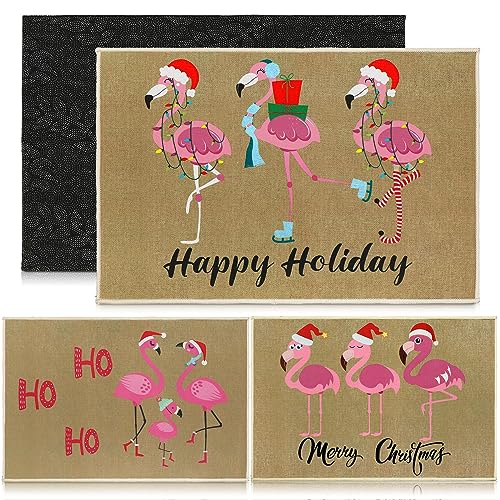 Suttmin 3 Stück Happy Holidays Fußmatte Rosa Flamingo Tier Weihnachtsmütze Fußmatte Weihnachten Flamingo Willkommen Fußmatte Läufer Indoor Outdoor Super Saugfähige Fußmatte, MED-SUTTMIN-0574 von Suttmin