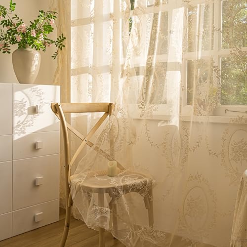 Sutuo Home Beige Spitzen-Vorhänge, 2er-Set, durchscheinende Paneele, 160 cm Länge, Rosenblumenstickerei, Vintage, Voile, Fensterbehandlung, Paar für Schlafzimmer, Wohnzimmer, Shabby Chic-Dekor, von Sutuo Home