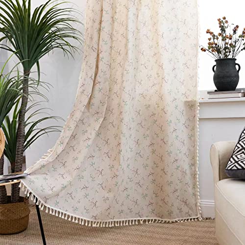 Sutuo Home Boho-Landhaus-Vorhänge mit Blumen, halbverdunkelnd, Boho-Fensterdekoration, Baumwoll-Leinen-Vorhang mit Quasten, für Schlafzimmer, Wohnzimmer, Stangendurchzug, 1 Vorhang ca. 150 x 213 cm (B von Sutuo Home