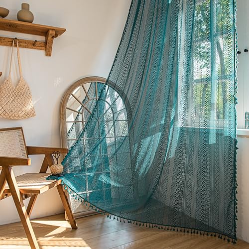 Sutuo Home Boho-Vorhänge ca. 213 cm lang, für Schlafzimmer, Wohnzimmer, Häkelspitze, transparent, Boho-Stil, Quasten, Fensterdekoration, Stangendurchzug, 1 Vorhang ca.150 x 213 cm (B x L), Türkis von Sutuo Home