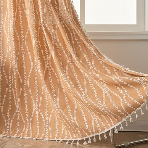 Sutuo Home Boho-Vorhänge für Schlafzimmer, Wohnzimmer, bedruckt, Baumwolle, Leinen, Stangendurchzug, Landhaus, Quasten, 1 Vorhang ca. 150 cm x 213 cm (B x L), gestreift mit Blumen, Terrakotta von Sutuo Home