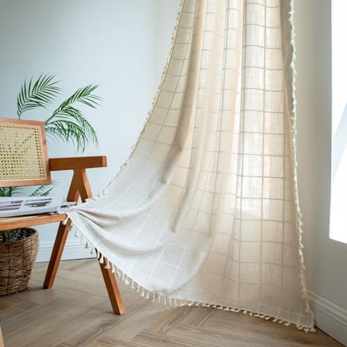 Sutuo Home Boho-Vorhang für Schlafzimmer, 213,3 cm Länge, Leinen, Landhausstil, Vintage-Chic, Quasten, Fensterbehandlung, böhmischer Vorhang, 1 Paneel 132,1 cm B x 213,4 cm L, helle Kaffeeplaids von Sutuo Home