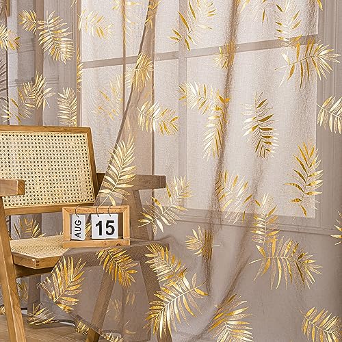 Sutuo Home Braune transparente Vorhänge, 244 cm lang, 2 Paneele, Goldfolien-Druck, metallische Bronze, tropische Blätter, Fensterbehandlung, Dekor, Vorhangpaar für Schlafzimmer, Wohnzimmer, 132,1 cm B von Sutuo Home