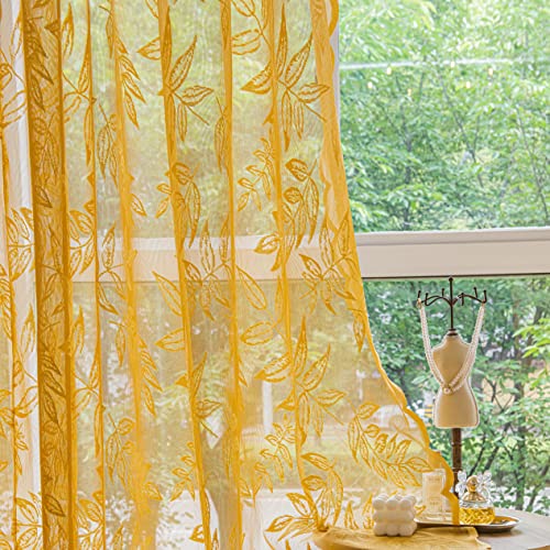 Sutuo Home Goldfarbene Spitzenvorhänge, 244.8 cm lang, Blattstickerei, Fenstervorhänge, transparent, Stangentasche, Vintage-Landhaus-Fensterbehandlungen, Wohnzimmer, 144.8 cm Bx243.8 cm L von Sutuo Home