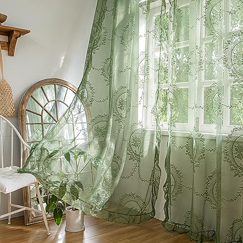 Sutuo Home Grüne Spitzen-Vorhänge, durchscheinende Paneele, 160 cm Länge, Rosenblumenstickerei, Vintage, gerüscht, Fensterbehandlung, Paar für Schlafzimmer, Wohnzimmer, schicke Dekoration, von Sutuo Home