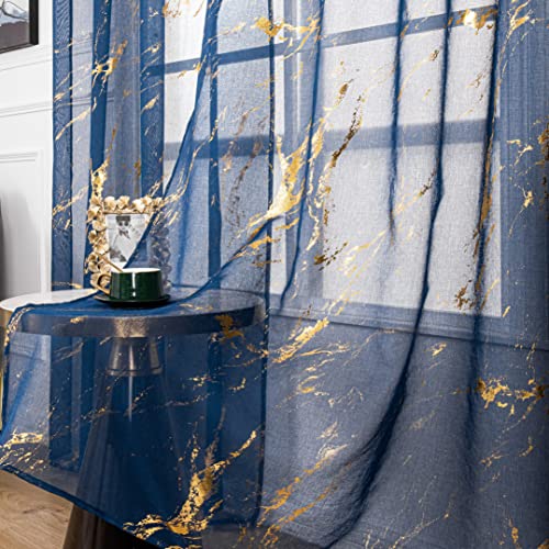 Sutuo Home Marmor-Vorhänge, 244 cm lang, Goldfolien-Druck, metallische Bronze, Privatsphäre, Fensterbehandlung, abstraktes Faltenpaar, 2 Paneele, 132.1 cm Bx243.8 cm L, Marineblau von Sutuo Home