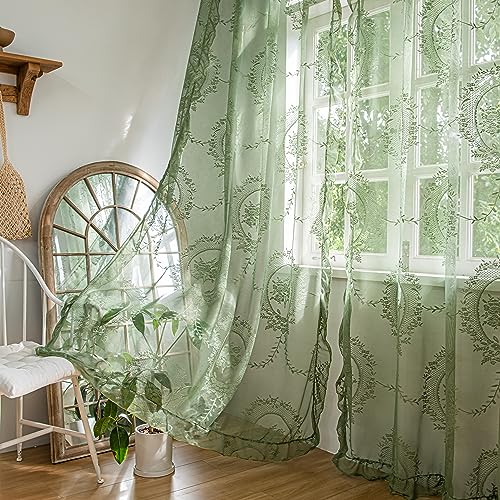 Sutuo Home Olivgrüne Spitzenvorhänge, 244 cm lang, 2er-Set, durchsichtige Paneele, Rosenblumenstickerei, gerüscht, Vintage-Fensterbehandlung, Paar für Kinderzimmer, Schlafzimmer, Wohnzimmer, Sutuo Home Olivgrüne Spitzenvorhänge, 244 cm lang, 2er-Set, durchsichtige Paneele, Rosenblumenstickerei, gerüscht, Vintage-Fensterbehandlung, Paar für Kinderzimmer, Schlafzimmer, Wohnzimmer, von Sutuo Home