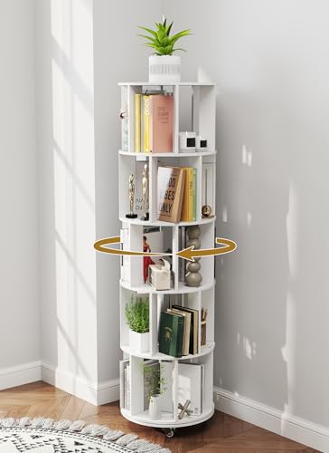 Suuiwau Drehbares Bücherregal mit Rädern Rotating Bookshelf für kleine Räume 360 Display 5-stöckiges Kinder bücherregal für Schlafzimmer Wohnzimmer Arbeitszimmer Bücherregal (Weiß) von Suuiwau