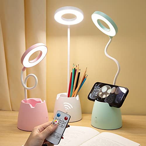 Schreibtischlampe Kinder, Schreibtischlampe LED mit Fernbedienung, Timing, Große Batteriekapazität, 3 Lichtmodi und Dimmbar, Tischlampe mit Stifthalter & Handy Ständer, Wiederaufladbare Lampe, Weiß von Suuki