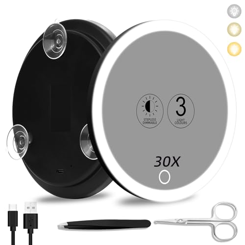 30x Vergrößerungsspiegel mit Licht, großer 15cm 3 Farben dimmender beleuchteter 30x Vergrößerungsspiegel mit 3 Saugnäpfen, Reiselupenspiegel hohe Vergrößerung Makeup Spiegel mit Pinzette Schere von Suupvaor