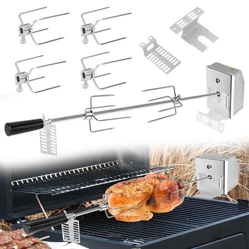 Suusolny 107 cm Edelstahl Grillspieß Set für Gasgrill Grillspieß mit 4X Fleischnadeln Universal Einsetzbar Motor Elektrischer 220V - 240V Drehspiess Rotisserie Kit für Rotisserie und Gasgrill von Suusolny