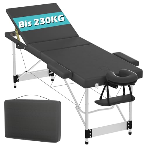 Suusolny 3 Zonen Massageliege Klappbar Mobile Massagebett mit Griff Tragbar Alu Massagetisch Höhenverstellbar Massageliegen Kosmetikliege Tattoo Liege mit Kopfstütze Tragfähigkeit 230 KG - Schwarz von Suusolny
