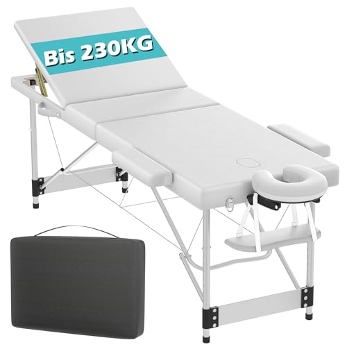 Suusolny 3 Zonen Massageliege Klappbar Mobile Massagebett mit Griff Tragbar Alu Massagetisch Höhenverstellbar Massageliegen Kosmetikliege Tattoo Liege mit Kopfstütze Tragfähigkeit 230 KG - Weiß von Suusolny
