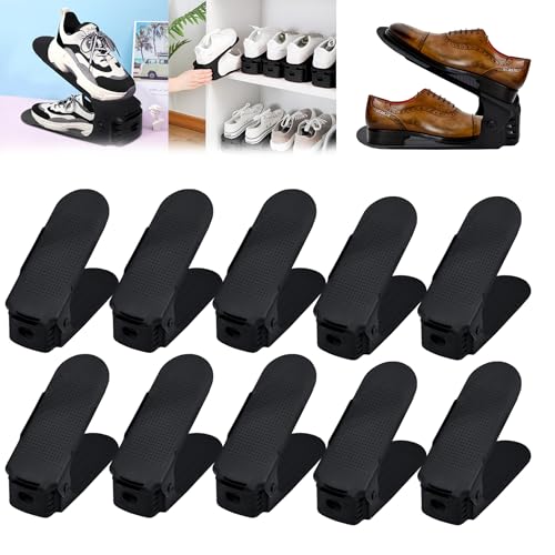 Suusolny 30 Stück Verstellbarer Schuhregal Schuhhalter Schuhstapler rutschfest 3 Höhenverstellbar Schuhorganizer Schuhaufbewahrung - Schwarz von Suusolny