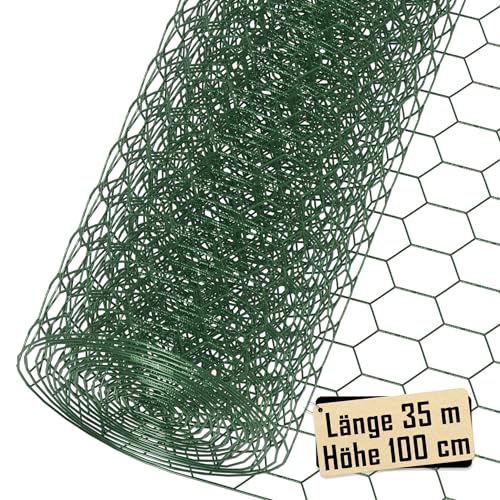 Suusolny 35m Kaninchendraht Grün Hühnerdraht PVC-Beschichtet Maschendraht Dechseckgeflecht Drahtgeflecht Feinmaschig für Tierzäune Handwer ksartikel Gemüsegarten Maschenweite 43 x 28 mm Höhe 100 cm von Suusolny