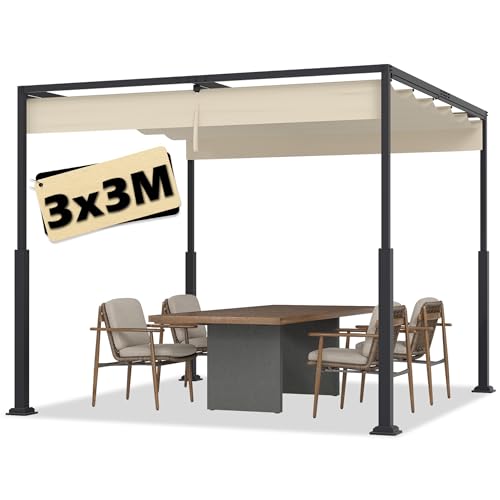 Suusolny 3x3 Pergola mit Schiebedac Beige Gartenpavillon Wasserdicht Terrassenüberdachung Stabile Sonnenschutz für Terrasse & Freistehender Sonnendach aus Stahl & Polyester Terrassendach UV Schutz von Suusolny