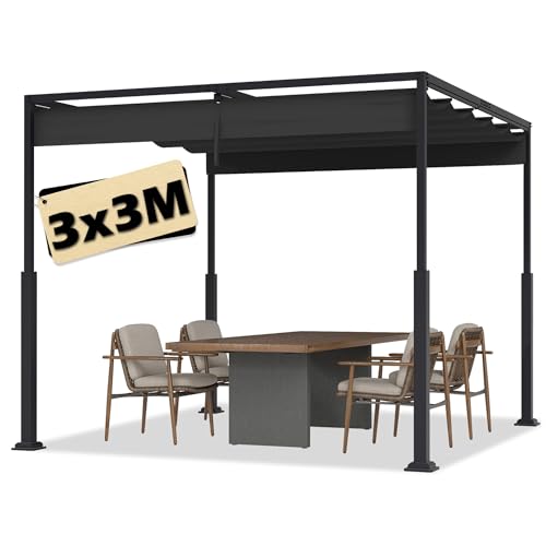Suusolny 3x3 Pergola mit Schiebedac Schwarz Gartenpavillon Wasserdicht Terrassenüberdachung Stabile Sonnenschutz für Terrasse & Freistehender Sonnendach aus Stahl & Polyester Terrassendach UV Schutz von Suusolny
