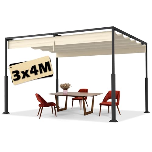 Suusolny 3x4 Pergola mit Schiebedac Beige Gartenpavillon Wasserdicht Terrassenüberdachung Stabile Sonnenschutz für Terrasse & Freistehender Sonnendach aus Stahl & Polyester Terrassendach UV Schutz von Suusolny