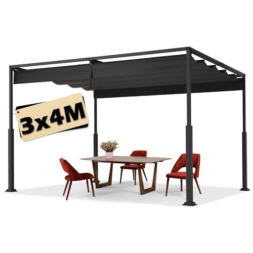 Suusolny 3x4 Pergola mit Schiebedac Schwarz Gartenpavillon Wasserdicht Terrassenüberdachung Stabile Sonnenschutz für Terrasse & Freistehender Sonnendach aus Stahl & Polyester Terrassendach UV Schutz von Suusolny