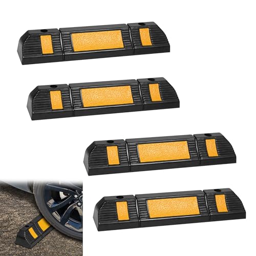 Suusolny 4er Gummi Radstopper Parkplatzbegrenzung Parkplatzsperre Parkplatz-Markierung Garagenstopper 60x12x10 cm mit Reflektierende Streifen für Parkplätze Parkhäuser Garage von Suusolny