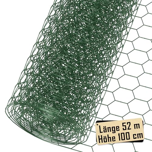 Suusolny 52m Kaninchendraht Grün Hühnerdraht PVC-Beschichtet Maschendraht Dechseckgeflecht Drahtgeflecht Feinmaschig für Tierzäune Handwer ksartikel Gemüsegarten Maschenweite 43 x 28 mm Höhe 100 cm von Suusolny