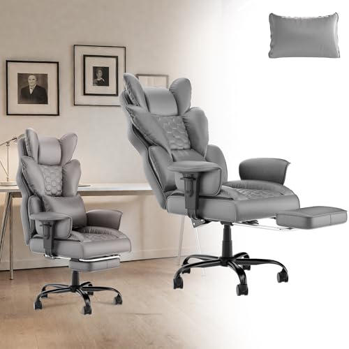 Suusolny Chefsessel Ergonomischer PU-Bürodrehstuhl mit Lordosenstütze, verstellbaren Armlehnen,Kopfstütze 150° Wippfunktion Bürostuhl, bis 150 kg für Executive-Büro,Office,Studium (Grau) von Suusolny