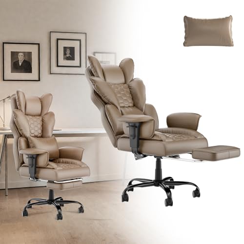 Suusolny Chefsessel Ergonomischer PU-Bürodrehstuhl mit Lordosenstütze, verstellbaren Armlehnen,Kopfstütze 150° Wippfunktion Bürostuhl, bis 150 kg für Executive-Büro,Office,Studium (Khaki) von Suusolny