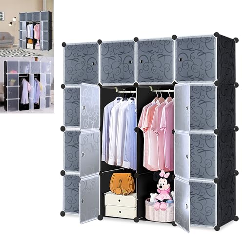Suusolny DIY Garderobe Kleiderschrank Regalsystem Aufbewahrung Schrank Aufbewahrungssystem Garderobenschrank Wasserdicht Staubabweisend - Schwarz, 16 Boxen mit Tür von Suusolny