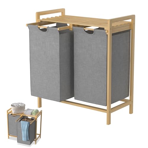 Suusolny Grau Wäschekorb 2 Fächer mit 2 ausziehbaren 36L Wäschesäcken Bambus-Gestell Wäschesack Wäschebox Wäschesortierer Wäschebehälter 73 x 64 x 33,5cm von Suusolny