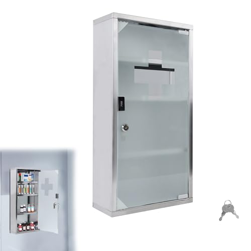 Suusolny Medizinschrank Apothekerschrank mit Glas Tür und 2 Schlüssel abschließbar Medikamentenschrank aus Edelstahl Hängend Arzneischrank - 4 Fächer 57,5 x 30 x 12 cm von Suusolny