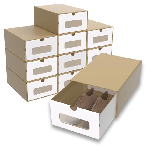 Suusolny Schuhbox mit Sichtfenster & Schublade 10er Boxen-Set Aufbewahrungsbox Braun Schuhkiste Schuhschachtel Schuhkarton aus Kraftpapier Ordnungsboxen Stapelbar aus Pappe - 34.5x23x13.5cm von Suusolny