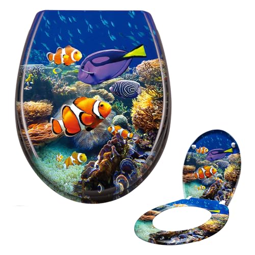 Suusolny WC Sitz Absenkautomatik Toilettendeckel mit Absenkautomatik，Softclose aus Duroplast und Edelstahl Toilettensitz in Universal Größe - Süßwasserzierfische von Suusolny