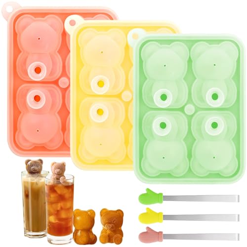 Suuwwn Bär Eiswürfelform,3 Pcs Eiswürfelform Silikon 3D Ice Cube Tray Silicone Eiswürfelformen Eiswürfelform mit Deckel Eiswürfel Form mit Eiszange für DIY Kaffee, Milch, Saft, Eisform von Suuwwn