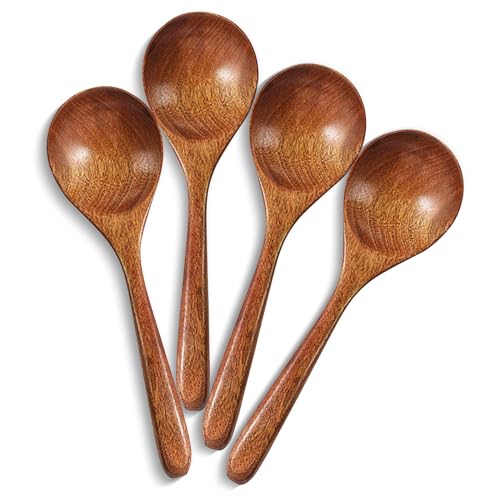 Suuwwn Natur Holzlöffel,4 Stück Holzlöffel Esslöffel Suppenlöffel Holzlöffel Löffel Set Japanischen Stil Holzlöffel Haferbrei Löffel für Haferbrei, Suppe, Ramen, Hot Pot, Restaurant, Haushalt (A) von Suuwwn