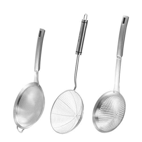 Suwimut 3 Stück Spinne Sieb Skimmer Löffel Set, feinmaschiges Edelstahlsieb Food Strainer, große Löcher Slotted Colander Braten Löffel, Sieb Kelle Draht Skimmer Löffel mit Griff für die Küche Suwimut 3 Stück Spinne Sieb Skimmer Löffel Set, feinmaschiges Edelstahlsieb Food Strainer, große Löcher Slotted Colander Braten Löffel, Sieb Kelle Draht Skimmer Löffel mit Griff für die Küche von Suwimut