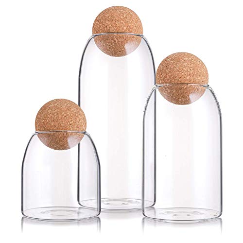 Suwimut 3er Set Vorratsgläser mit Korkdeckel, klarer Süßigkeiten-Glas-Mason-Gläser, Lebensmittelspeicherkanister mit Dichtung Holz Kork runder Stopper,500ML, 900ML, 1200ML von Suwimut