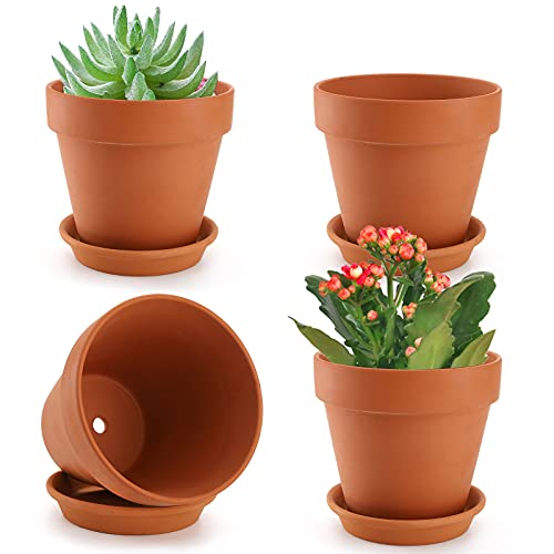 Suwimut 4 Stück 15 × 14 cm Terrakotta-Blumentöpfe mit Untersetzer, großer Terra-Cotta-Übertopf mit Drainageloch, Ton-Blumentopf mit Tablett für Innen- und Außenpflanzen von Suwimut