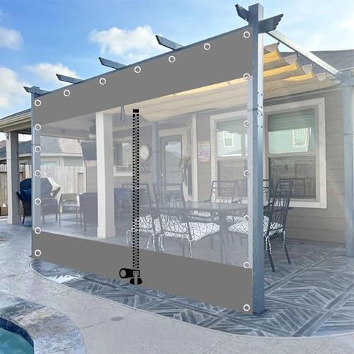 Outdoor Planenvorhänge Mit Reißverschluss,0,3mm PVC wasserdichte Transparente Plane Seitenteil,Graue Durchsichtige Plane Regenvorhänge Mit Ösen,Für Garten Pergola Pavillon,L×H-2.8×2.2m(9.2 * 7.2ft) von Suwooy