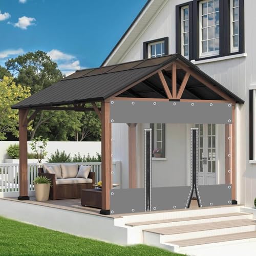 Suwooy wasserdichte PVC Durchsichtige Planenvorhänge,Pergola Graue Transparente Planen Seitenteile,Outdoorvorhänge Mit Reißverschlüssen,Wetterfeste Plane Trennvorhänge,Mit Ösen von Suwooy