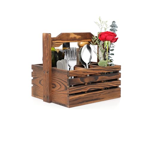 Utensilienhalter aus Holz mit abnehmbarem Griff, Besteck-Organizer mit 4 Fächern für Küchenarbeitsplatte, Picknickkorb aus Holz für Küche, Arbeitsplatte, Picknick, Party, 24,9 x 22,1 x 11,4 cm von Suwyaner