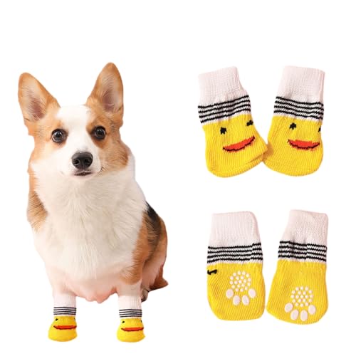 Hundesocken, 4 Stück Baumwoll Anti Rutsch Welpen Katzen Socken, Hundeschuhe Haustierpfoten Schutz für drinnen,draußen (mittel, gelbe Ente) von Suxgumoe