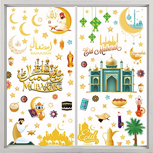 Ramadan Fensterbilder, 9 Stück Eid Mubarak Fensterbilder, Eid Mubarak Selbstklebend Ramadan Sticker, Muslim PartyFenstersticker Stern Halbmond (Schnittmuster A) von Suxgumoe