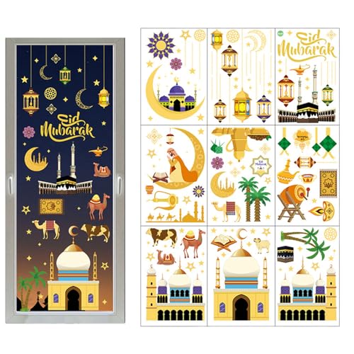 Ramadan Fensterbilder, 9 Stück Eid Mubarak Fensterbilder, Eid Mubarak Selbstklebend Ramadan Sticker, Muslim PartyFenstersticker Stern Halbmond (Schnittmuster C) von Suxgumoe