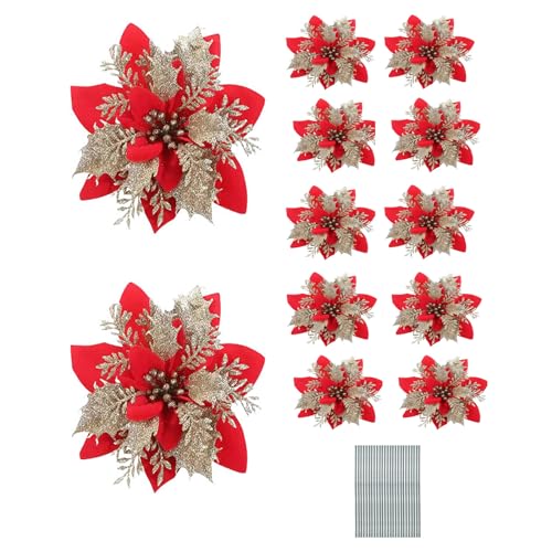 Weihnachten Glitzer Weihnachtsstern Blumen, 12 Stück Künstlich Weihnachtsblumen Deko mit Vorbauten, Poinsettia Weihnachtsblume Glitzernde für Hochzeit Weihnachtsbaum Neujahr Ornamente (Rot Gold) von Suxgumoe