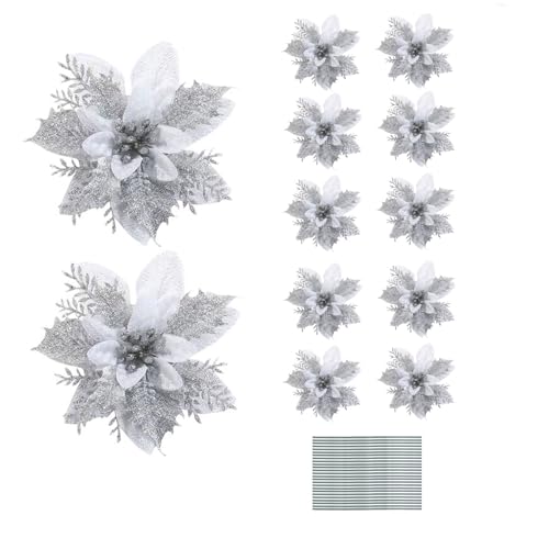 Weihnachten Glitzer Weihnachtsstern Blumen, 12 Stück Künstlich Weihnachtsblumen Deko mit Vorbauten, Poinsettia Weihnachtsblume Glitzernde für Hochzeit Weihnachtsbaum Neujahr Ornamente (Silber) von Suxgumoe